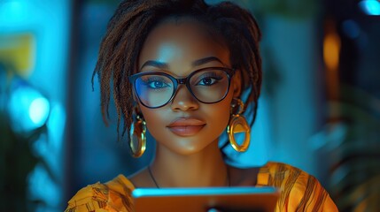Poster - positive african american businesswoman using digital tablet in modern office embracing technology for professional success