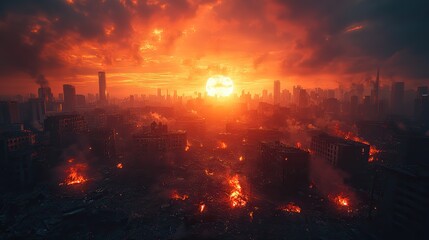 Poster - post apocalyptic cityscape a view of the destroyed buildings burning rubble and polluted environment in a dystopian world