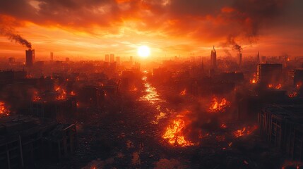 Poster - post apocalyptic cityscape a view of the destroyed buildings burning rubble and polluted environment in a dystopian world
