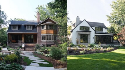 Aufkleber - A dramatic before-and-after slider of a neglected house renovated into a stunning custom home with fresh landscaping and a contemporary design.