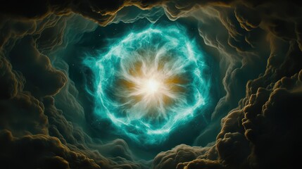 Poster - Dynamic cosmic explosion outer space abstract art dark atmosphere aerial view energy and creation concept
