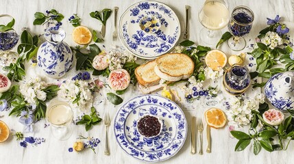 Wall Mural - Blue floral tableware spring brunch table setting