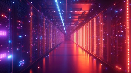 Poster - A dynamic scene of glowing network cables in a high-tech data center tunnel, representing the modern era of digital connections and innovations.