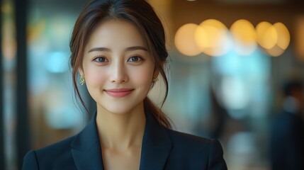 Poster - professional asian businesswoman in suit with headset smiling while providing customer support services in a modern office environment