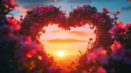 Poster - A floral heart-shaped wreath framing the glowing sunset sky, a peaceful and romantic setting with nature's colors in full display.
