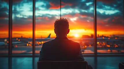 Poster - professional businessman patiently waiting at an airport terminal while seated near large windows with a view of airplanes