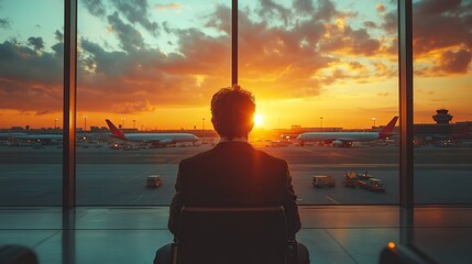Poster - professional businessman patiently waiting at an airport terminal while seated near large windows with a view of airplanes