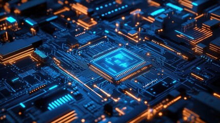 Poster - A futuristic circuit board design with glowing digital elements, symbolizing advanced technology and innovation in modern electronics.