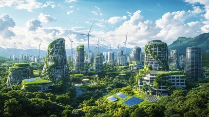 Poster - A futuristic city with sustainable development, featuring solar energy, wind turbines, and green spaces that promote eco-friendly living and urban growth