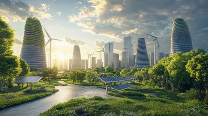 Poster - A futuristic city with sustainable development, featuring solar energy, wind turbines, and green spaces that promote eco-friendly living and urban growth