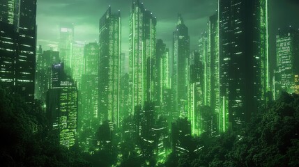 Poster - A futuristic cityscape where glowing green outlines of skyscrapers emerge from a lush green environment, merging technology with nature.