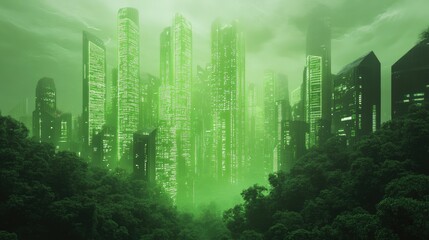 Poster - A futuristic cityscape where glowing green outlines of skyscrapers emerge from a lush green environment, merging technology with nature.