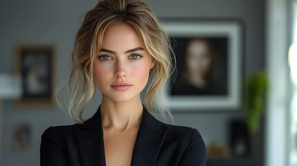 Poster - professional businesswoman in tailored attire posing confidently against a grey background embodying corporate leadership modern workplace and success