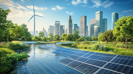 Poster - A futuristic sustainable city with solar panels, wind turbines, and green energy solutions, showcasing the eco-friendly urban development of tomorrow.