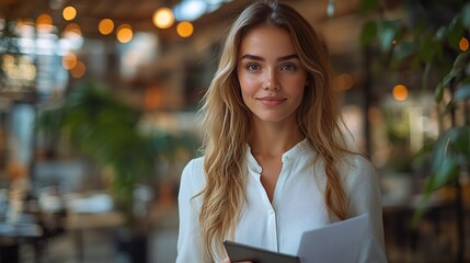 Poster - professional businesswoman in white shirt talking on smartphone and holding documents in modern open space loft office with panoramic windows and bokeh effect