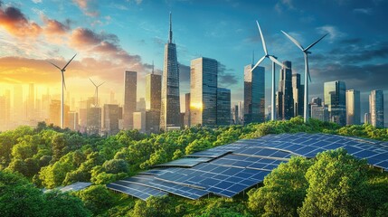 Poster - A futuristic sustainable city with solar panels, wind turbines, and green energy solutions, showcasing the eco-friendly urban development of tomorrow.