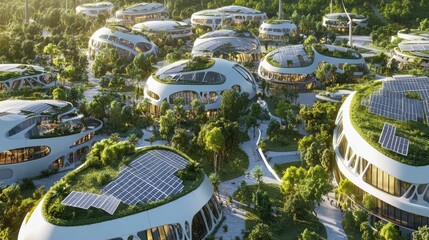 Poster - A futuristic sustainable city with solar panels, wind turbines, and green energy solutions, showcasing the eco-friendly urban development of tomorrow.