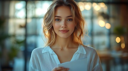 Poster - professional businesswoman in white shirt talking on smartphone and holding documents in modern open space loft office with panoramic windows and bokeh effect