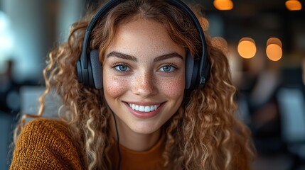 Poster - professional call center agents wearing headsets providing remote customer support and telemarketing services in a modern office environment through video conference calls