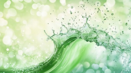 Poster - A green wave splashing with droplets, set against a bokeh background, symbolizing the freshness and beauty of nature water elements.