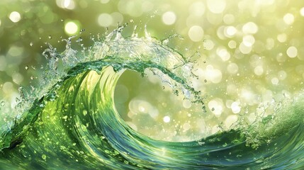 Poster - A green wave splashing with droplets, set against a bokeh background, symbolizing the freshness and beauty of nature water elements.