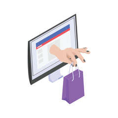 An isometric icon of a hand emerging from a computer monitor, holding a shopping bag.