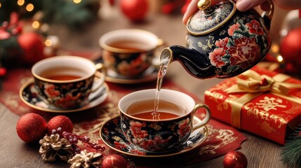 Poster - A hand gracefully pours tea from a floral teapot into cups, surrounded by red festive decorations, tea leaves, and a Chinese gift box with characters, creating a warm Chinese New Year ambiance.