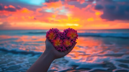 Aufkleber - A hand holding heart-shaped flowers at sunset on a beach, with vibrant colors in the sky and gentle waves lapping at the shore.