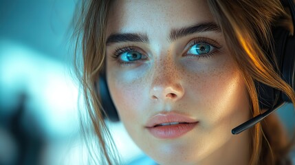 professional female call center agent providing customer support with headset in a modern office environment focused on delivering high quality service and assistance