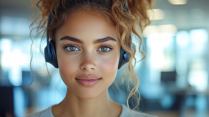 Poster - professional female call center agent providing customer support with headset in a modern office environment focused on delivering high quality service and assistance