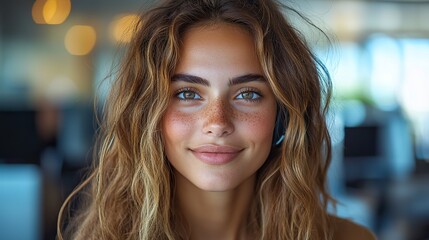 Poster - professional female call center agent providing customer support with headset in a modern office environment focused on delivering high quality service and assistance