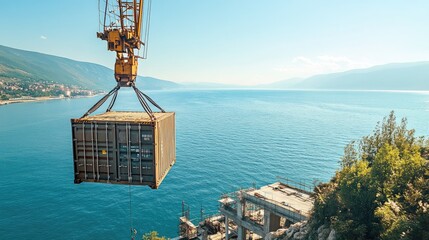 Poster - A high-angle view of a crane lifting a cargo container at Vlore seaport in Albania, emphasizing the busy maritime trade and the vast sea horizon.