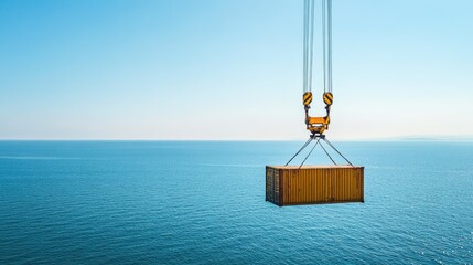 Poster - A high-angle view of a crane lifting a cargo container at Vlore seaport in Albania, emphasizing the busy maritime trade and the vast sea horizon.