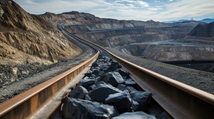 Poster - A high-angle view of rocks moving along a conveyor belt in a mining area, with the vast open pit and rugged terrain in the background.