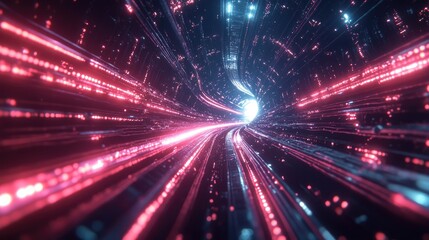 Poster - A high-tech data center with glowing network cables, creating a futuristic tunnel effect, emphasizing fast digital data transfer.