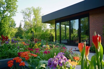 Poster - Vibrant flower garden blooms beside modern architecture a colorful floral display with lush green trees and contemporary building design