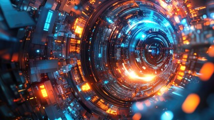 Poster - A holographic engine rotating in a high-tech factory, surrounded by intricate details and illuminated by vibrant, futuristic lights, symbolizing technological innovation.