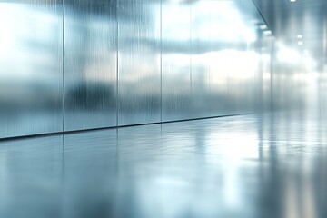  A serene, glossy floor reflecting soft light in a modern, minimalist interior setting.