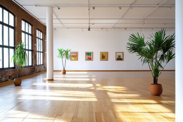 Poster - Bright Gallery Space with Art and Plants for Creative Inspiration and Modern Design Concepts Featuring Natural Light and Wooden Floor in a Loft Style Interior