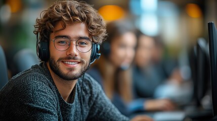 Poster - professional young male customer service agent providing telemarketing support in a modern call center office environment