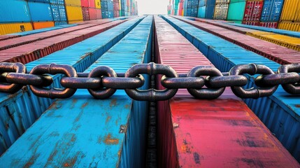 Poster - A large chain blocking access between colorful cargo containers, symbolizing disruptions, sanctions, and trade wars in global commerce and international trade.