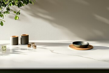 Poster - Serene Kitchen Still Life with Minimalist Decor and Natural Light Casting Shadows on Textured Wall
