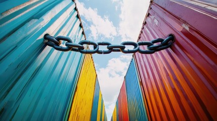 Poster - A large chain blocking access between colorful cargo containers, symbolizing disruptions, sanctions, and trade wars in global commerce and international trade.