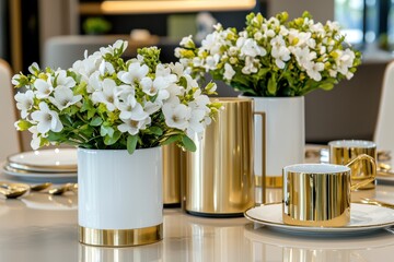 Poster - Elegant floral arrangement with white blossoms in ceramic vases and gold accents on a dining table creating a serene and stylish ambiance