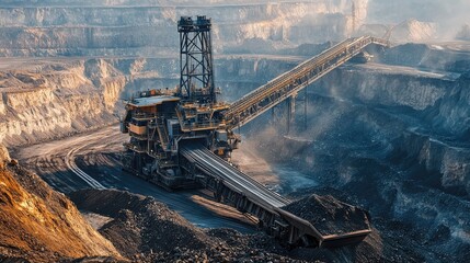 Poster - A large conveyor belt transporting rocks in an open-pit mining area, showcasing the industrial scale and heavy machinery used in mining operations.
