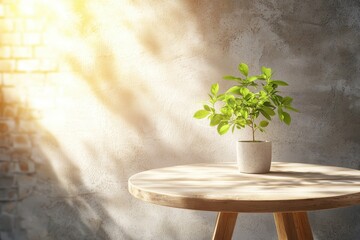 Aufkleber - Serene indoor scene showcasing a small potted plant on a round wooden table against a textured wall bathed in soft sunlight creating a peaceful and inviting ambiance