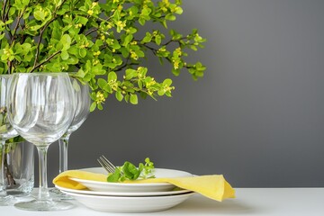 Poster - Elegant table setting with fresh greenery and wine glasses against a serene gray background for spring dining