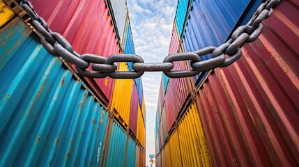 Poster - A large metal chain obstructing access between colorful cargo containers, representing the effects of trade wars and sanctions on global trade and logistics.