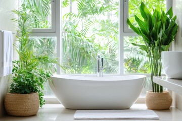 Aufkleber - Serene bathroom retreat featuring a modern white bathtub surrounded by lush green plants and natural light streaming through a large window