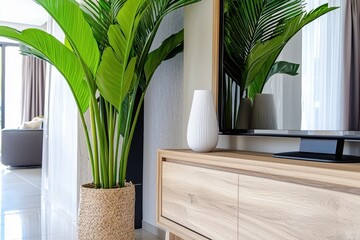Poster - Serene interior featuring a lush green plant in a woven basket next to a modern wooden cabinet and a white vase creating a peaceful and inviting atmosphere